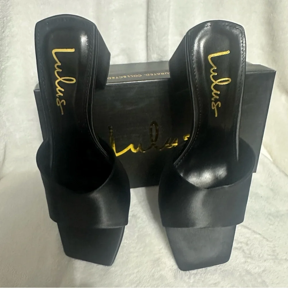Lulu's Satin Black Block Heel Mules Women’s 6.5 NIB - Picture 2 of 6